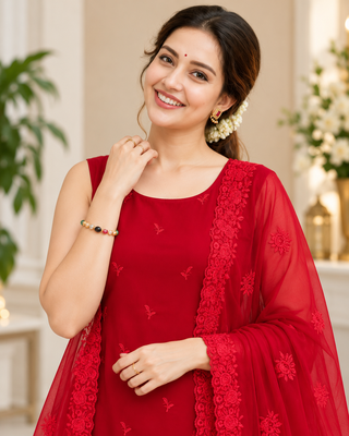 red color thread work faux georgette top palazzo set 2