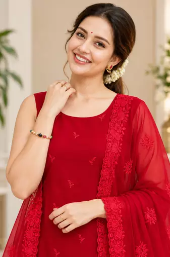 red color thread work faux georgette top palazzo set