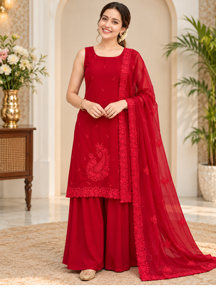 red color thread work faux georgette top palazzo set 1