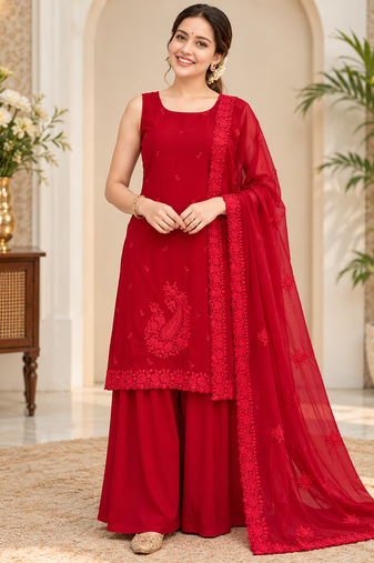 red color thread work faux georgette top palazzo set