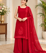 red color thread work faux georgette top palazzo set