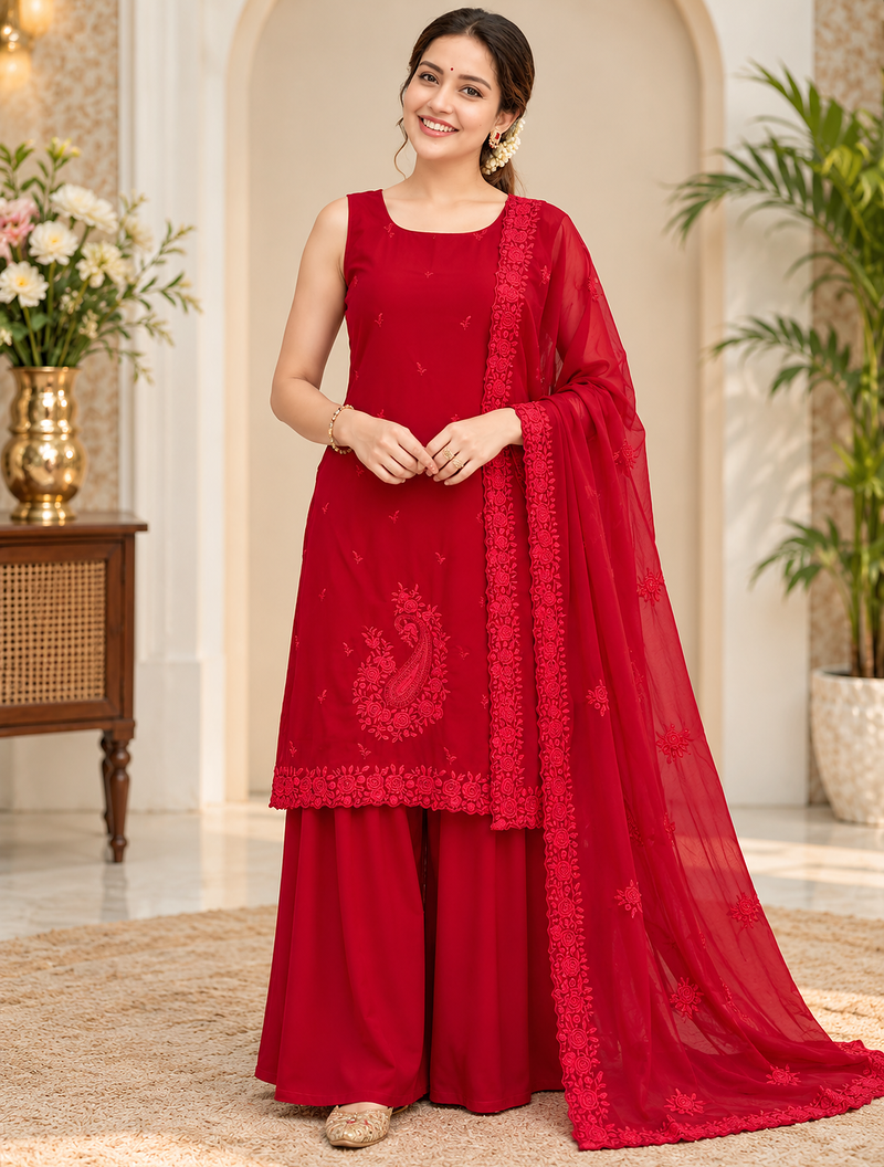 red color thread work faux georgette top palazzo set