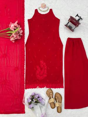red color thread work faux georgette top palazzo set 5