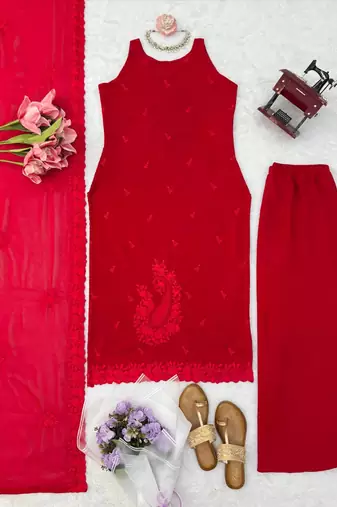 red color thread work faux georgette top palazzo set