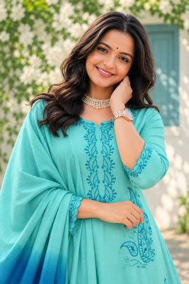 sky blue color thread work rayon salwar kameez set 2