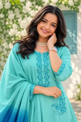 sky blue color thread work rayon salwar kameez set