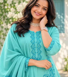 sky blue color thread work rayon salwar kameez set