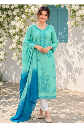 sky blue color thread work rayon salwar kameez set 1