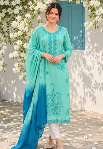 sky blue color thread work rayon salwar kameez set