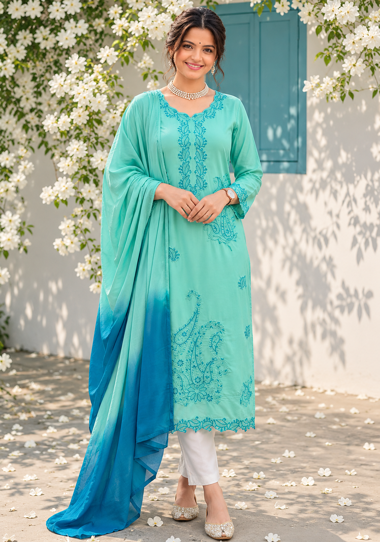 sky blue color thread work rayon salwar kameez set