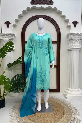 sky blue color thread work rayon salwar kameez set