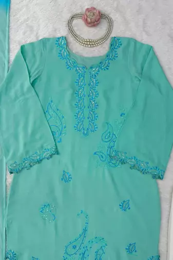 sky blue color thread work rayon salwar kameez set