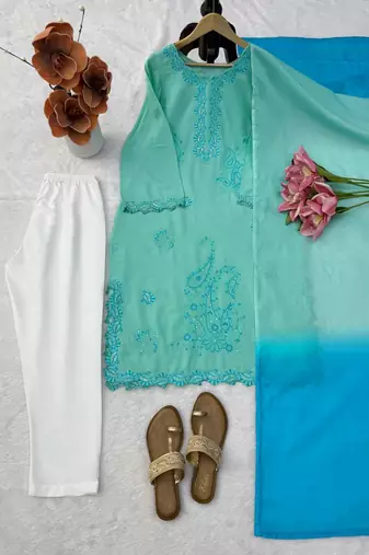sky blue color thread work rayon salwar kameez set