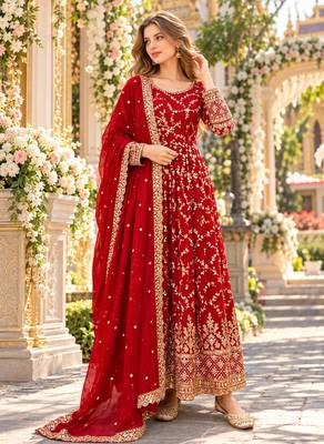 Red chinon readymade anarkali suit with embroidery & sequence work 1