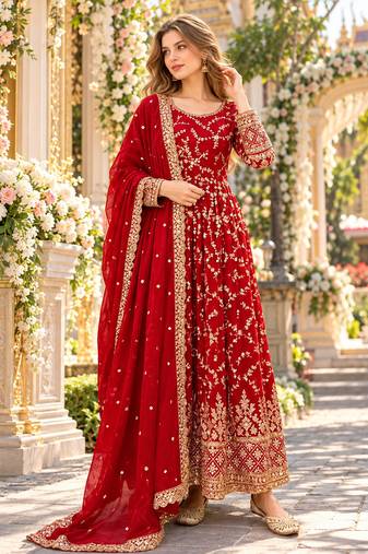 Red chinon readymade anarkali suit with embroidery & sequence work