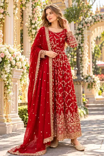 Red chinon readymade anarkali suit with embroidery & sequence work