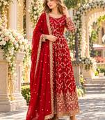 Red chinon readymade anarkali suit with embroidery & sequence work