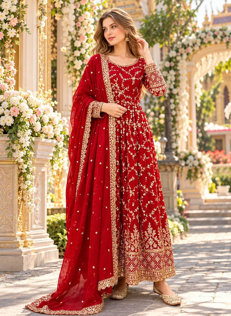 Red chinon readymade anarkali suit with embroidery & sequence work