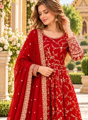 Red chinon readymade anarkali suit with embroidery & sequence work 2