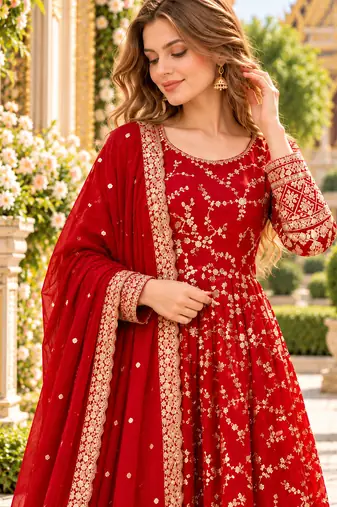Red chinon readymade anarkali suit with embroidery & sequence work