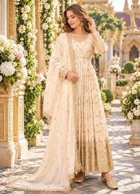 White chinon readymade anarkali suit with embroidery & sequence work 1