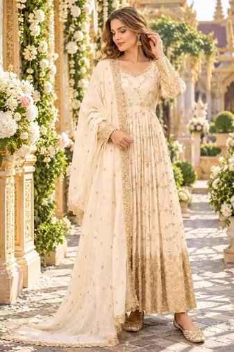 White chinon readymade anarkali suit with embroidery & sequence work