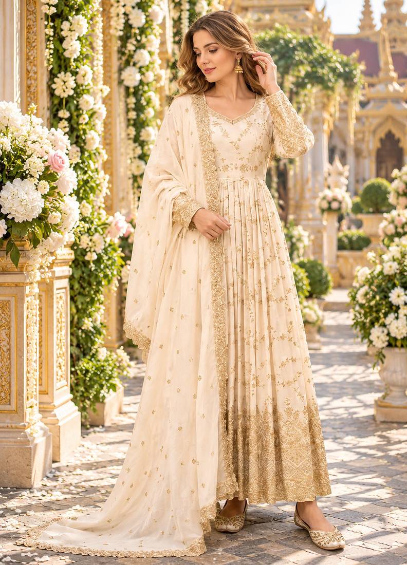 White chinon readymade anarkali suit with embroidery & sequence work