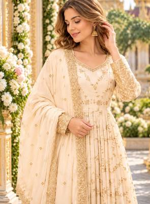 White chinon readymade anarkali suit with embroidery & sequence work 2
