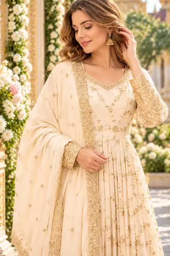 White chinon readymade anarkali suit with embroidery & sequence work