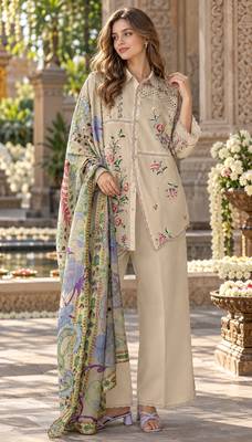 Cream cotton readymade suit with thread embroidery work 1
