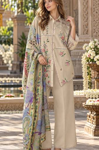 Cream cotton readymade suit with thread embroidery work