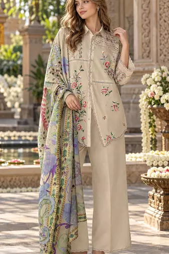 Cream cotton readymade suit with thread embroidery work