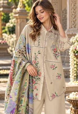 Cream cotton readymade suit with thread embroidery work 2