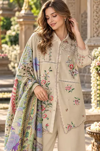 Cream cotton readymade suit with thread embroidery work