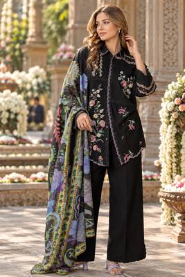 Black cotton readymade suit with thread embroidery work 1