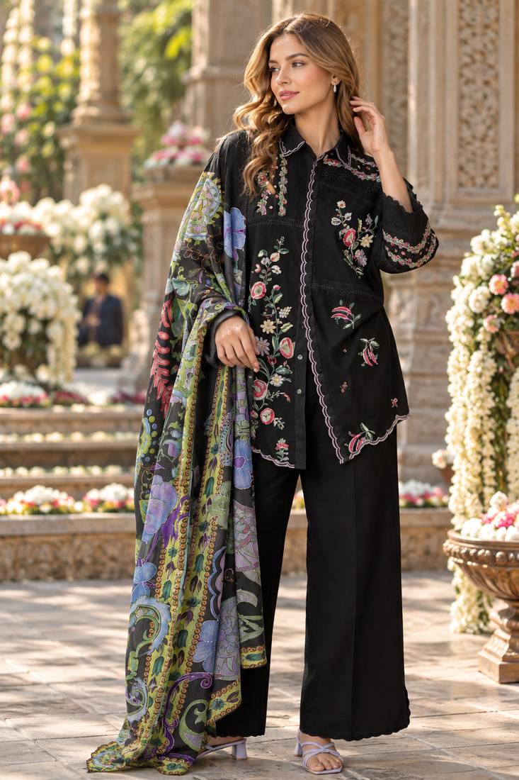Black cotton readymade suit with thread embroidery work
