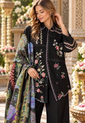 Black cotton readymade suit with thread embroidery work 2