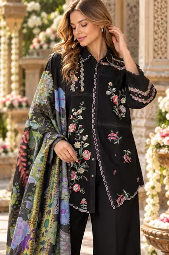 Black cotton readymade suit with thread embroidery work