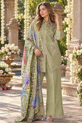 Mustard cotton readymade suit with thread embroidery work 1