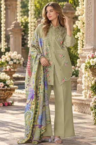 Mustard cotton readymade suit with thread embroidery work