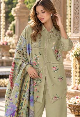 Mustard cotton readymade suit with thread embroidery work 2