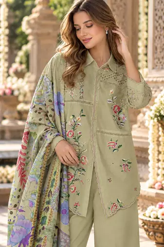 Mustard cotton readymade suit with thread embroidery work