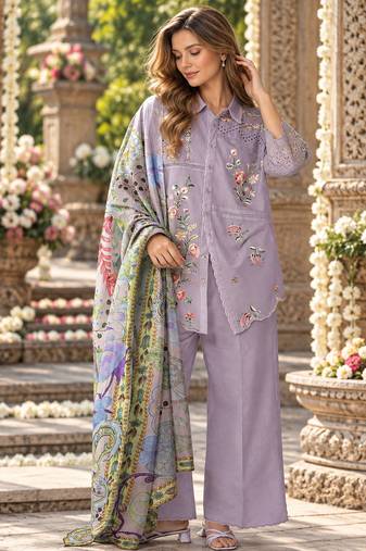 Lavender cotton readymade suit with thread embroidery work