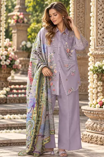 Lavender cotton readymade suit with thread embroidery work