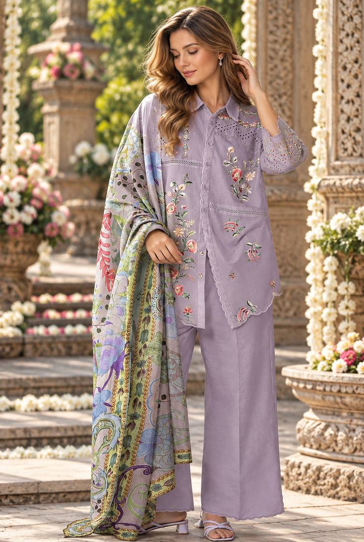 Lavender cotton readymade suit with thread embroidery work