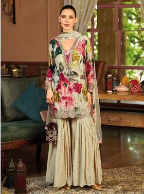 Ivory floral print wedding gharara suits free size full stitched upto 44 1