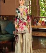 Ivory floral print wedding gharara suits free size full stitched upto 44