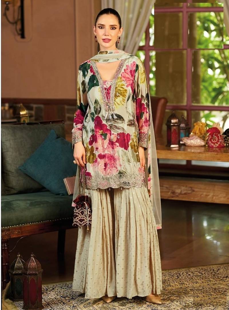 Ivory floral print wedding gharara suits free size full stitched upto 44