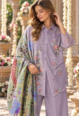Lavender cotton readymade suit with thread embroidery work 2