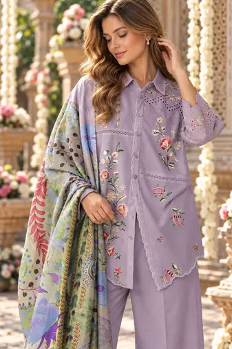 Lavender cotton readymade suit with thread embroidery work